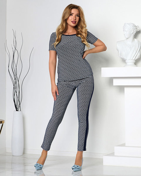 Navy blue patterned women's blouse and pants set - Clothing