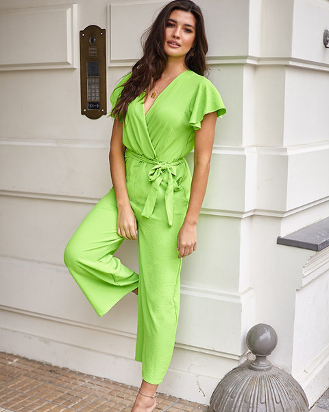 Neon green women's long jumpsuit with binding - Clothing