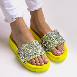 Neon yellow women's platform sandals with Lomine cubic zirconia - Footwear