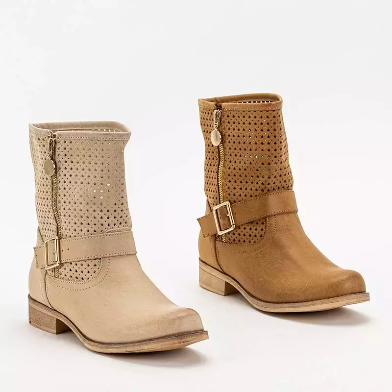 OUTLET Beige women's openwork flat-heeled boots Abastinea - Footwear