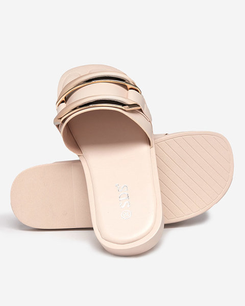 OUTLET Beige women's slippers with a large golden ornament Kedino - Footwear