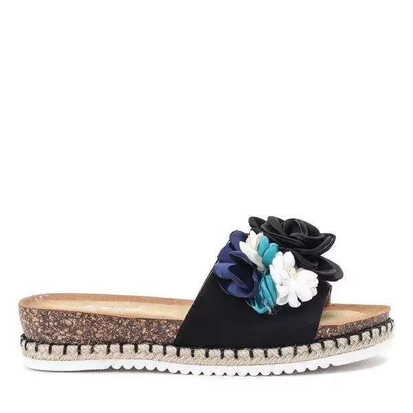OUTLET Black slippers with decorative flowers Opatija - Footwear
