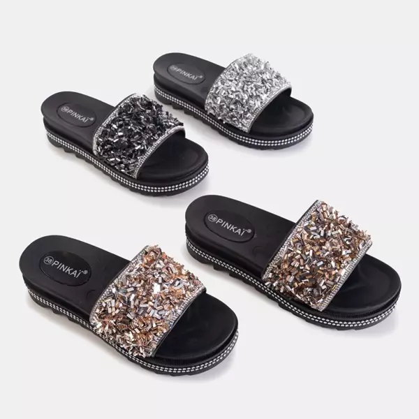 OUTLET Black women's platform slippers with Lorenali cubic zirconias - Footwear