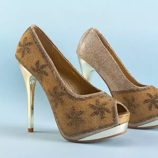 OUTLET Gold brocade women's high heels with cubic zirconia Yilla - Footwear