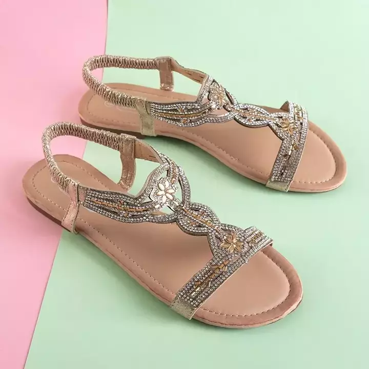 OUTLET Golden women's sandals with cubic zirconias Sicylia - Footwear