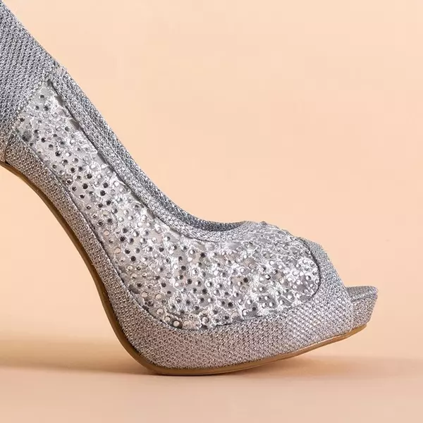 OUTLET Silver brocade women's high heels with cubic zirconia Andesa - Footwear