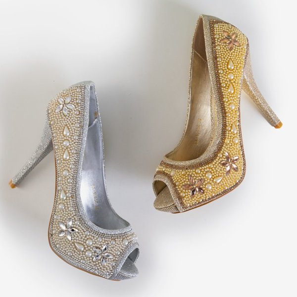 OUTLET Women's gold brocade pumps with zircons and pearls Gitana - Footwear