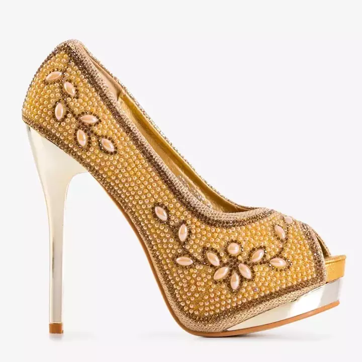 OUTLET Women's gold brocade stiletto pumps with ornaments Ansia - Footwear