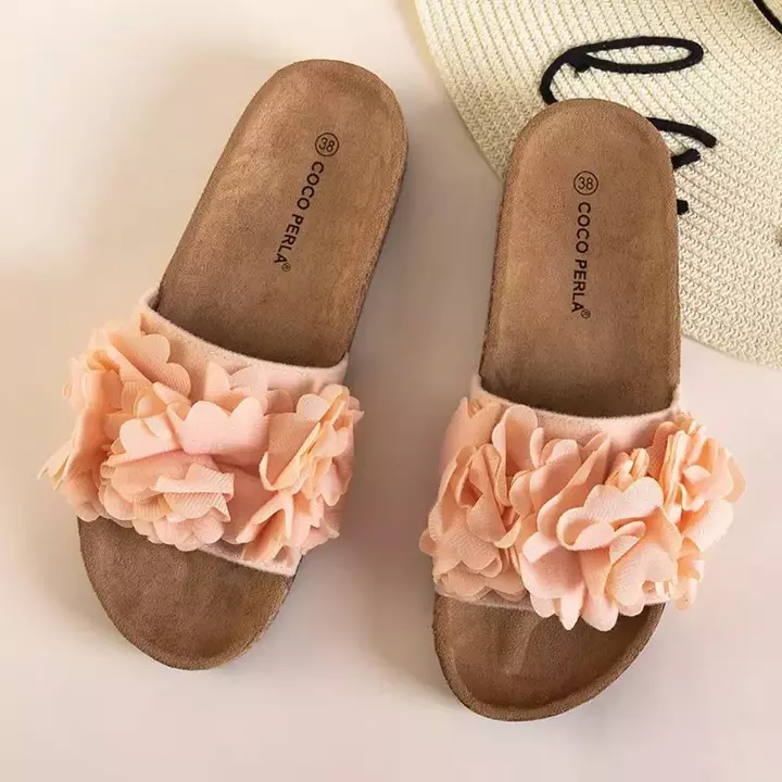 OUTLET Women's light pink slippers with Lamani flowers - Footwear