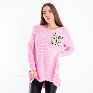 Pink women's oversize long sweater with patterned pocket - Clothing