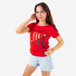Red women's t-shirt with inscriptions decorated with glitter and cubic zirconia - Clothing