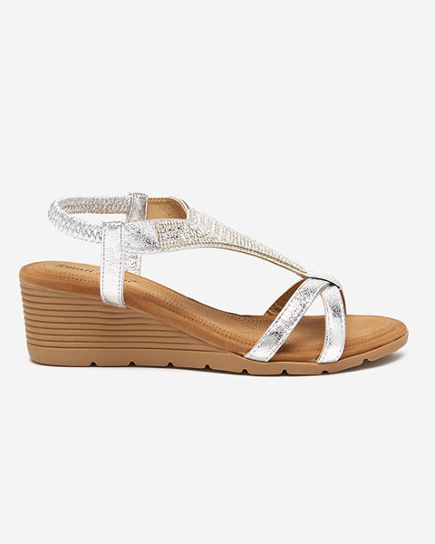Silver women's sandals with cubic zirconias on a wedge Amuni - Footwear
