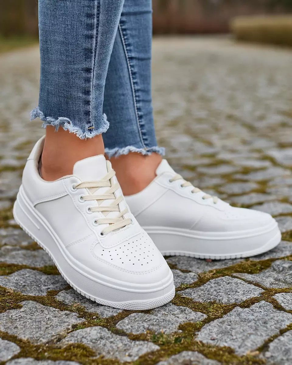 White women's sports sneakers with beige laces Smaffo- Footwear