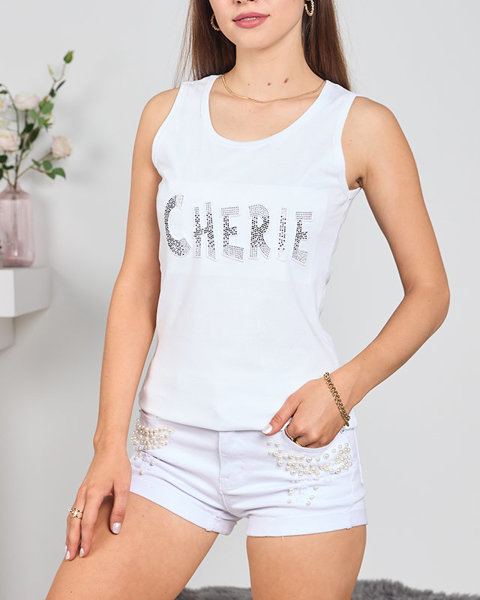 White women's top with inscription and cubic zirconia - Clothing
