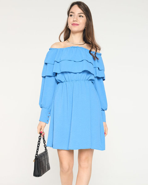Women's Blue Short Dress with Ruffles- Clothing