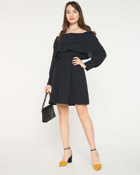 Women's Short Black Dress with Ruffles- Clothing