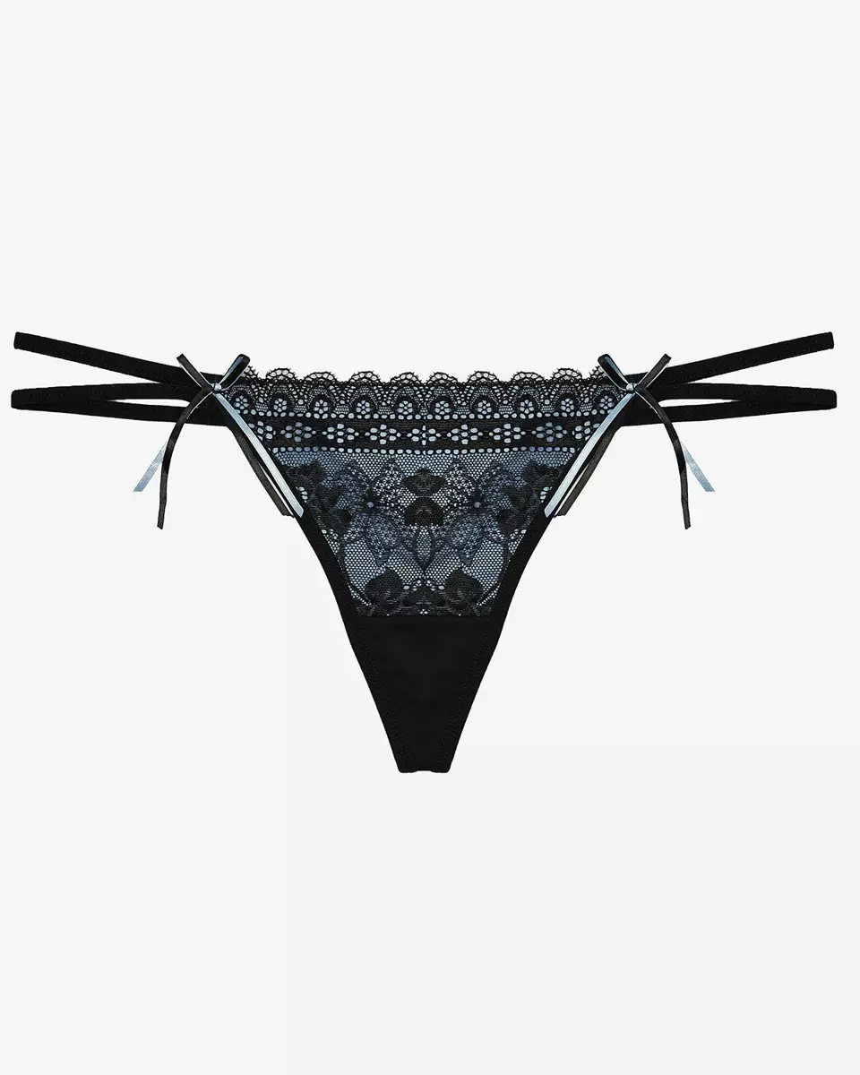 Women's black and blue thong with lace and decorative straps - Underwear