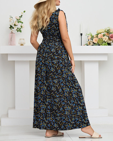 Women's black maxi dress with blue flowers - Clothing