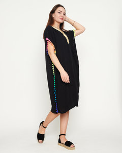 Women's black summer beach tunic with pompoms - Clothing