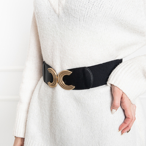 Women's black wide belt with a large golden buckle - Accessories