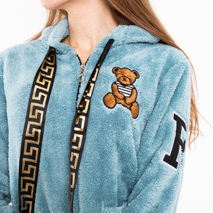 Women's blue plush zip up hoodie with teddy bear patches - Clothing
