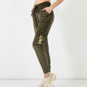 Women's dark green sweatpants with gold inscriptions - Clothing