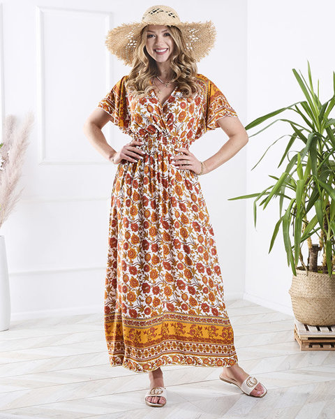 Women's floral maxi dress in white and orange - Clothing