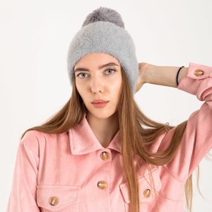 Women's fur hat with pom-pom in gray - Accessories