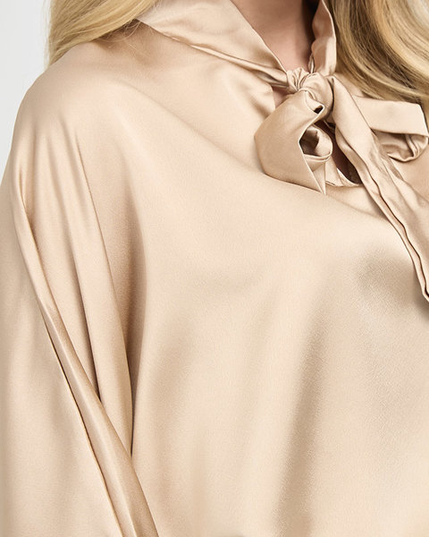 Women's light brown long satin blouse with binding - Clothing