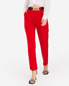 Women's red fabric trousers with a belt - Clothing