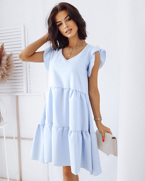 Women's short dress with frills in pastel blue - Clothing