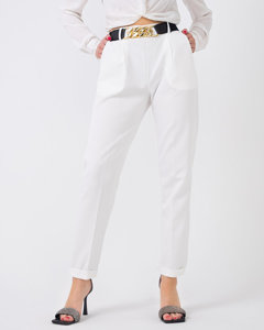 Women's white fabric trousers with a belt - Clothing