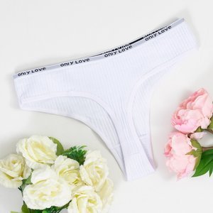 Women's white ribbed thong with inscriptions - Underwear