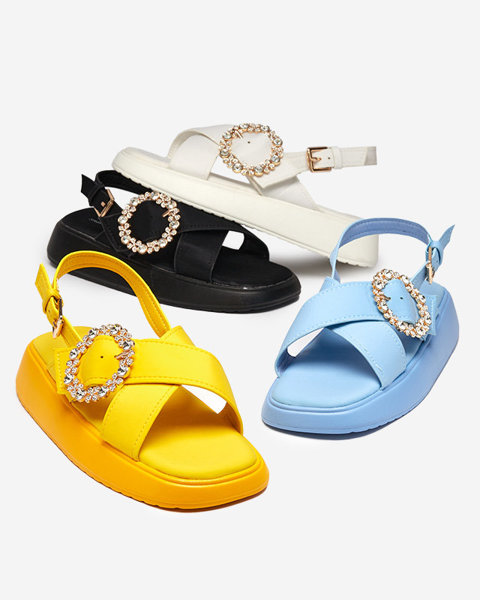 Yellow fabric women's sandals on a flat sole with cubic zirconias Senire - Footwear