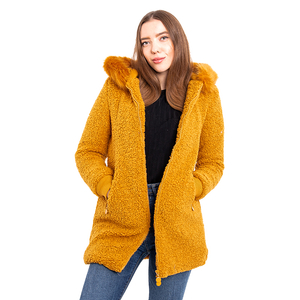 Yellow women's jacket with a sheepskin hood - Clothing