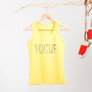 Yellow women's tank top with an inscription decorated with cubic zirconia - Clothing